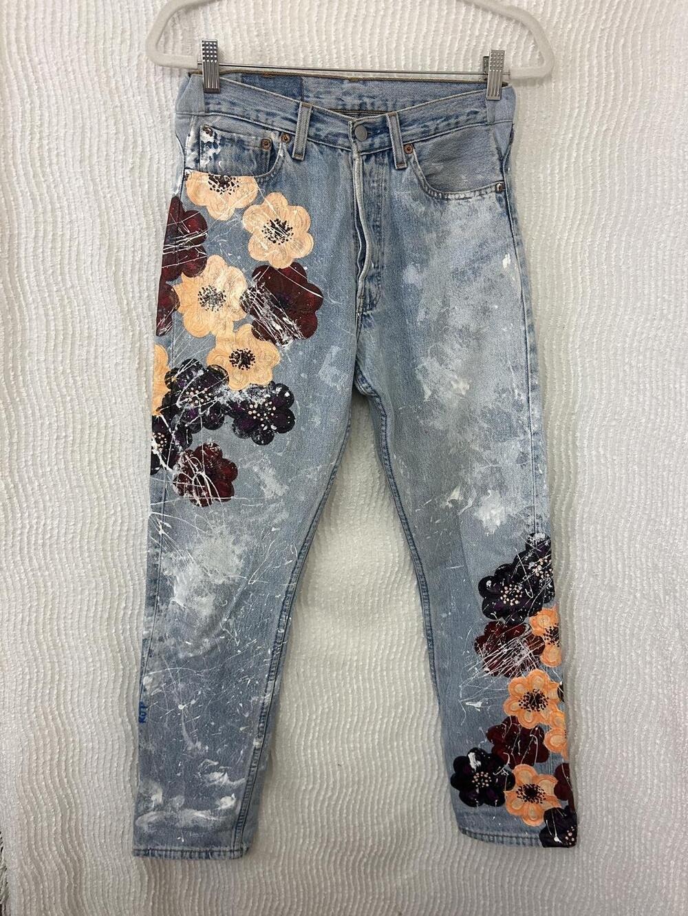 RJP Style Hand Painted Levi’s 501 Jeans Floral Upcycled Art Vintage 27